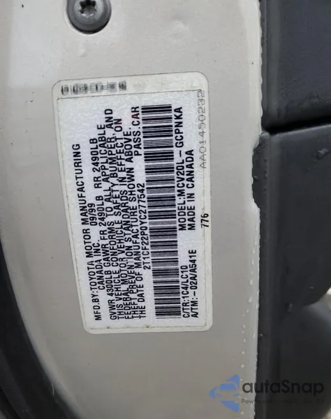 2000 Toyota Camry Solara Se z USA, uszkodzony, nr VIN 2T1CF22P0YC277542